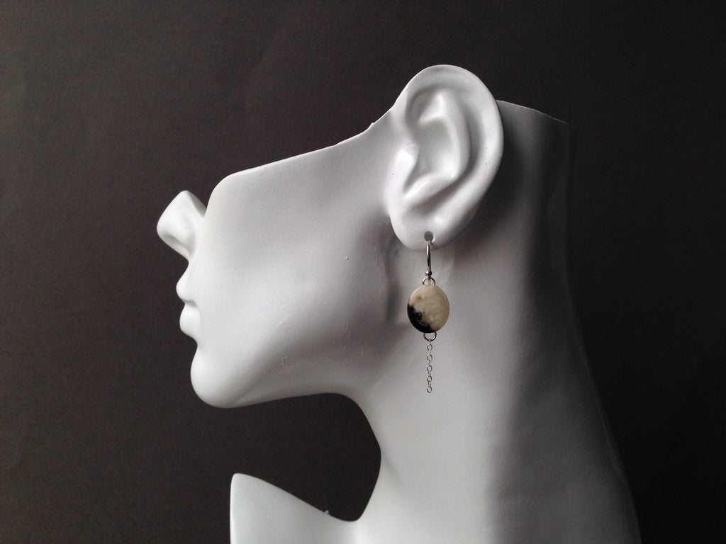 Circle Series Muskox Horn Earrings with Drop Chain - Spotted Colouring